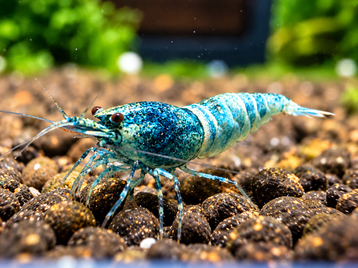 Blue Bolt Caridina sp. – türkisblau gesprenkelte Taiwan-Bee-Garnele auf Soil